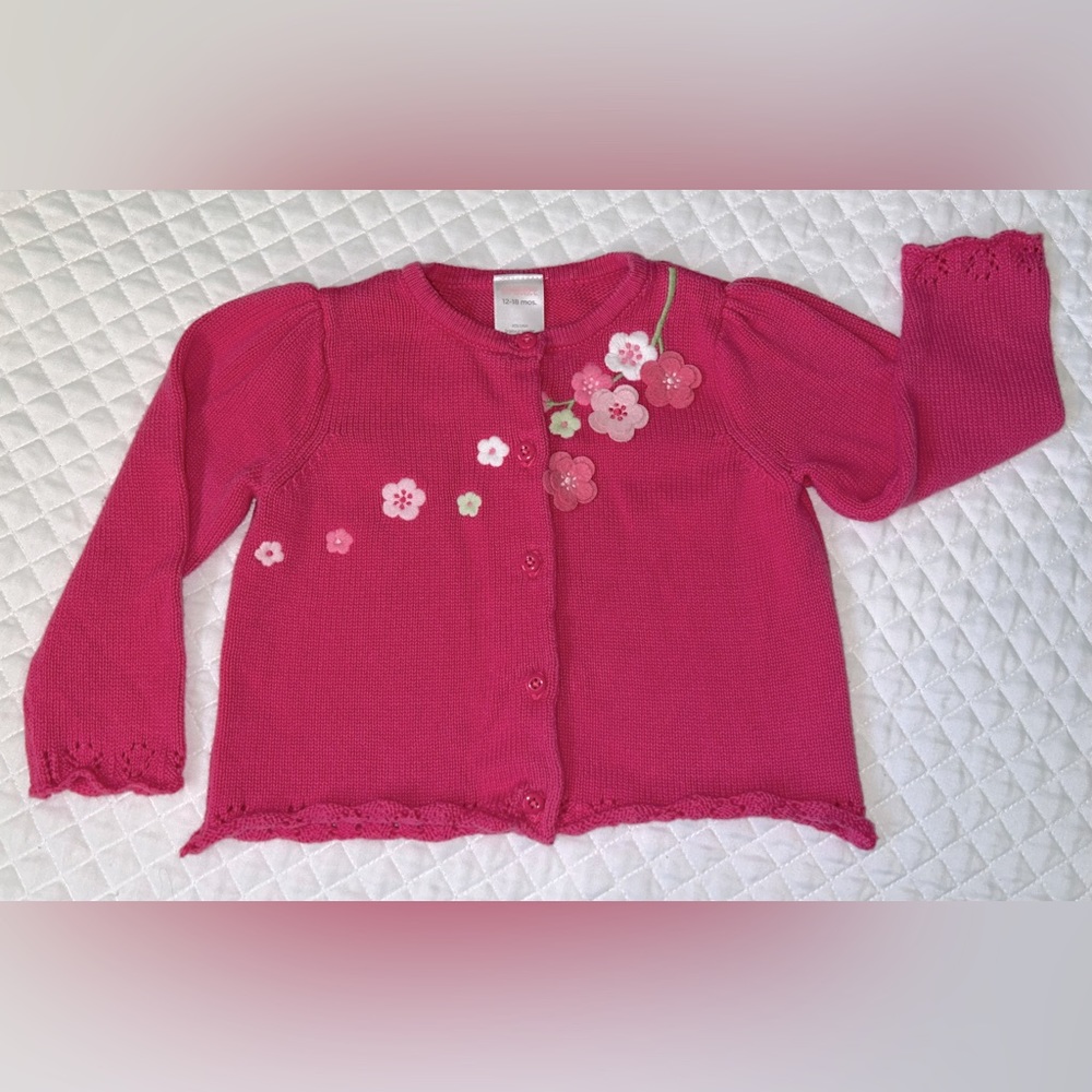 Gymboree Infant Girls Bright Pink Dress Sweater Floral Embroidery Size 12-18 mth